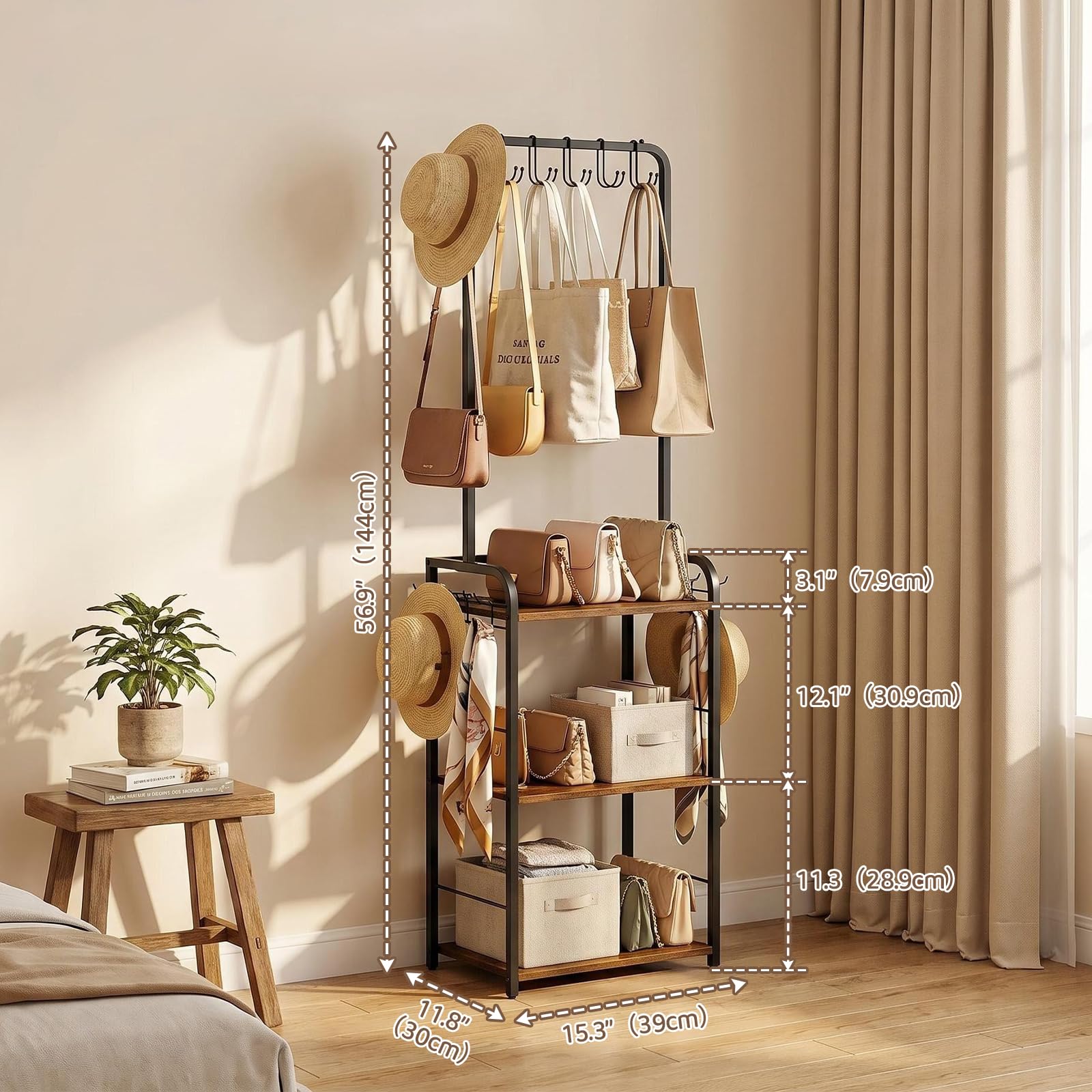 KZOBYD Organiseur de sac à main avec 3 étagères, crochets de suspension et crochets latéraux | Métal et bois, noir, sac de rangement étroit, pour chambre à coucher, couloir et dressing, 39 x 30 x 144 cm