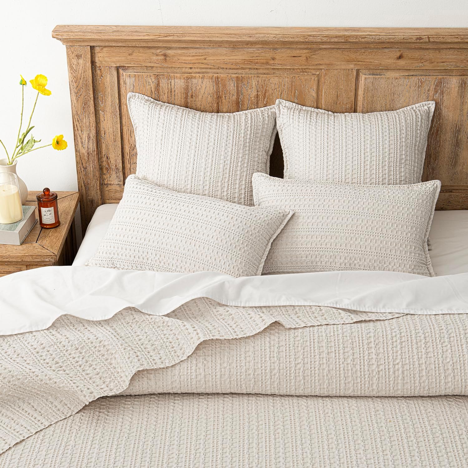 Foindtower Set of 2 Decorative Cotton Waffle Weave Throw Pillow Covers Euro Shams Cushion Covers Accent European Pillowcase for Bed Couch Sofa Bedroom Living Room Home Decor 26×26 Inch Oatmeal - Image 7