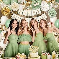 Vista 4 de Decoraciones de cumpleaños verde salvia, globos verde oliva dorado blanco arena, pancarta de feliz cumpleaños, mantel, cortina de flecos dorados
