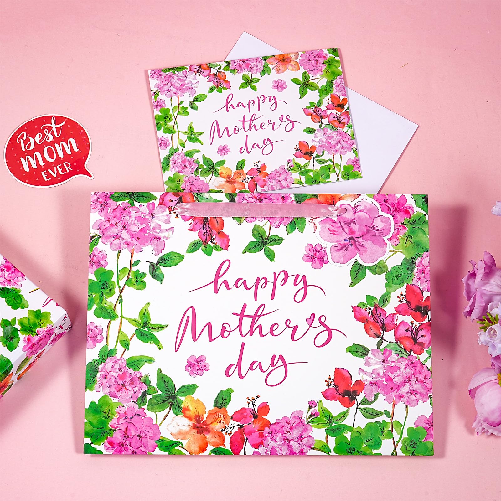 LeZakaa 13" Mother's Day Bag, Pink Floral Happy Mother's Day Bag with Greeting Card Tag & Tissue Paper, Elegant Flower Design Gift Bag for Mom Wife Grandma, 13" x 10" x 5", 1 Pc
