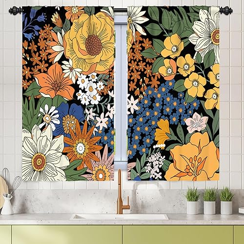 Miniatura 12 de Renaiss 26 x 36 pulgadas - Cortinas de cocina con estampado floral bohemio y bolsillo para cortinero, cortinas de lino con estampado floral de lino