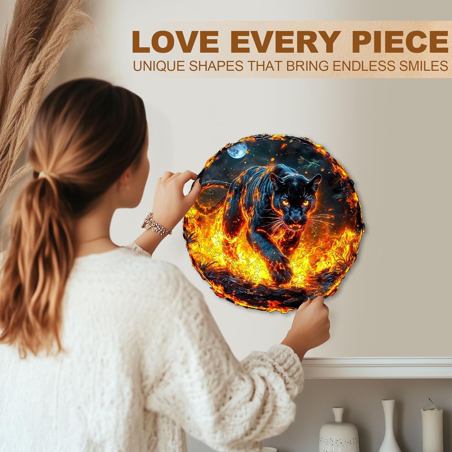 Wooden Puzzles for Adults - Flame Panther Wood Puzzles Adult - Unique Animal Shape Wooden Jigsaw Puzzles for Adults - Birthday Gifts for Puzzle Lovers, Family (11.4 * 11.3in - 200 Pieces)