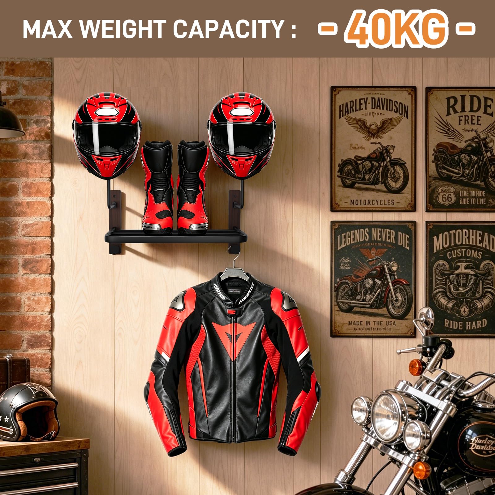 Support Casque Moto, Porte Casque Mural Avec Crochets et étagère pour Casquette et la Veste au Mur, Accessoires de Rangement en Bois Naturel et Acier pour Équipement Moto