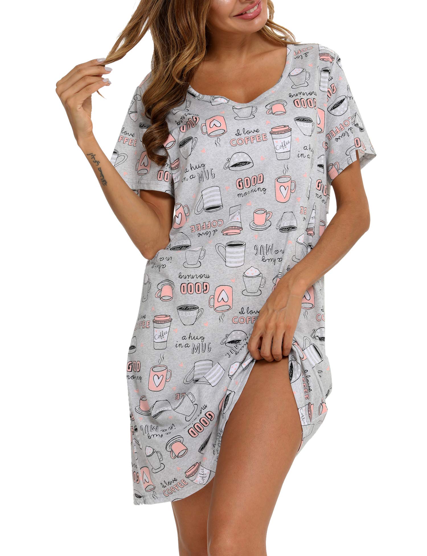 ENJOYNIGHT Nachthemd Damen Kurzarm Baumwolle Schlafshirt Sommer Sleepshirt | Weiche Baumwollmischung, Rundhalsausschnitt, Süß Bedruckte Nachtkleid, Ideal für Zuhause