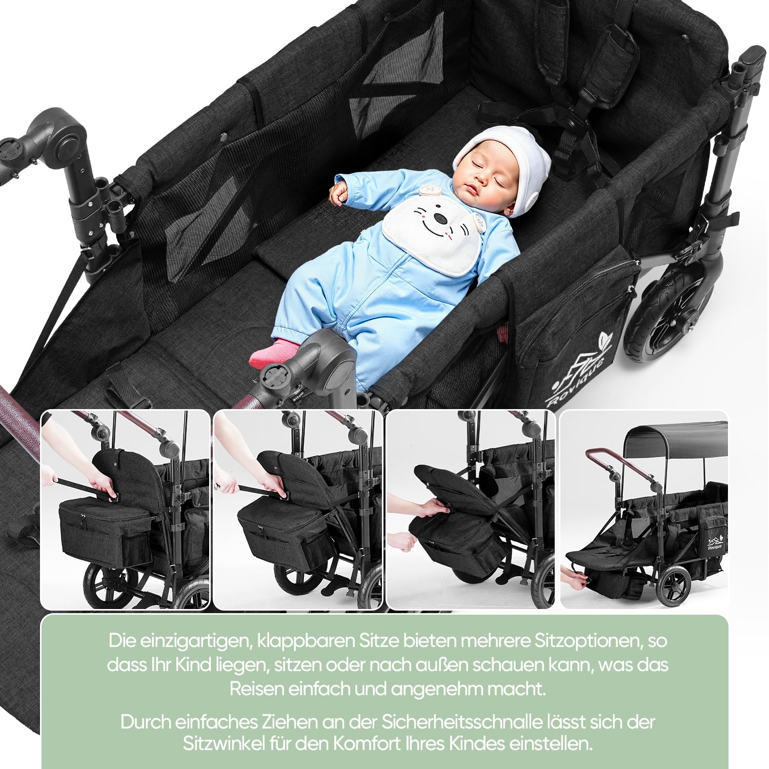 Chariot pliable Rovique avec toit solaire réglable – Chariot à 2 places, poussette avec harnais 5 points, poignée réglable en hauteur, fonction pousser-tirer, roues en PU avec freins, sac de rangement
