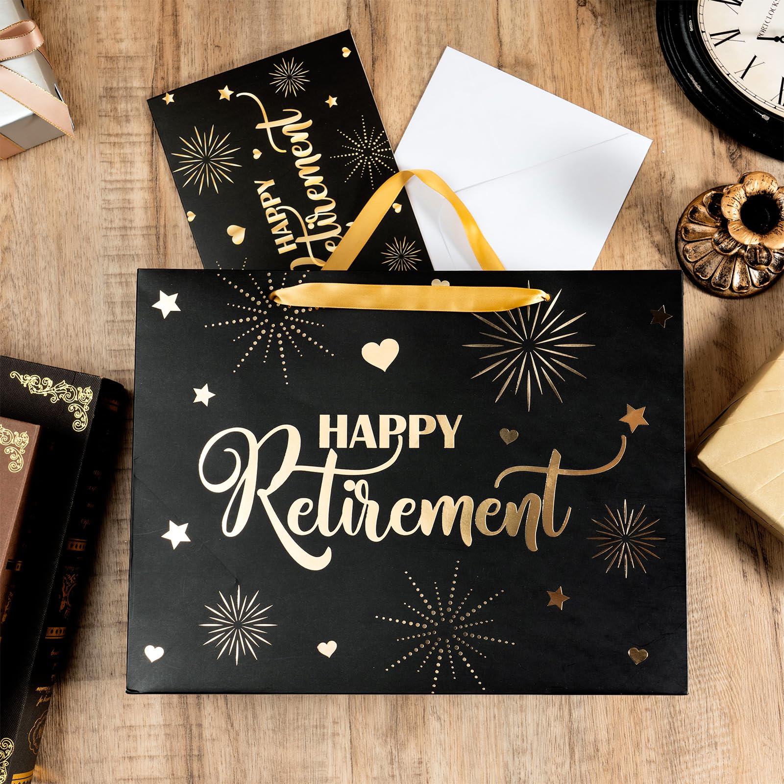 LeZakaa Happy Retirement Gift Bag, Black Goil Foil Hearts Stars Fireworks Design with Tissue Paper and Greeting Card for Men Women, 13" x 10" x 5", 1 Pcs
