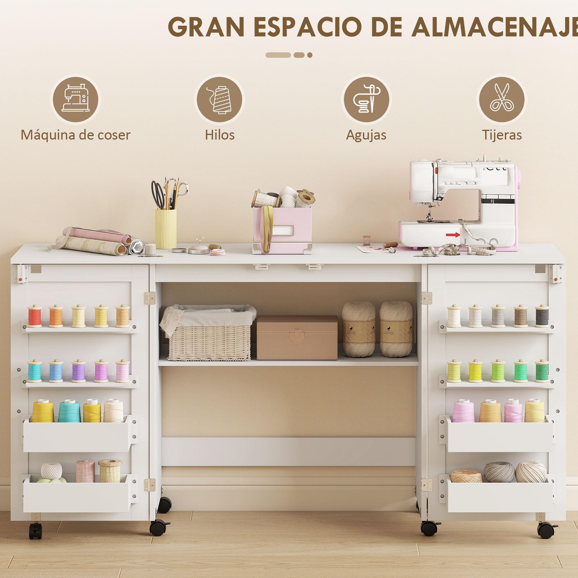 HOMCOM Mesa de Costura Plegable con 6 Ruedas, Mueble para Máquina de Coser con 20 Clavijas para Hilos, 4 Compartimentos, Estante, Armario de Costura para Estudio, Salón, Dormitorio, Blanco