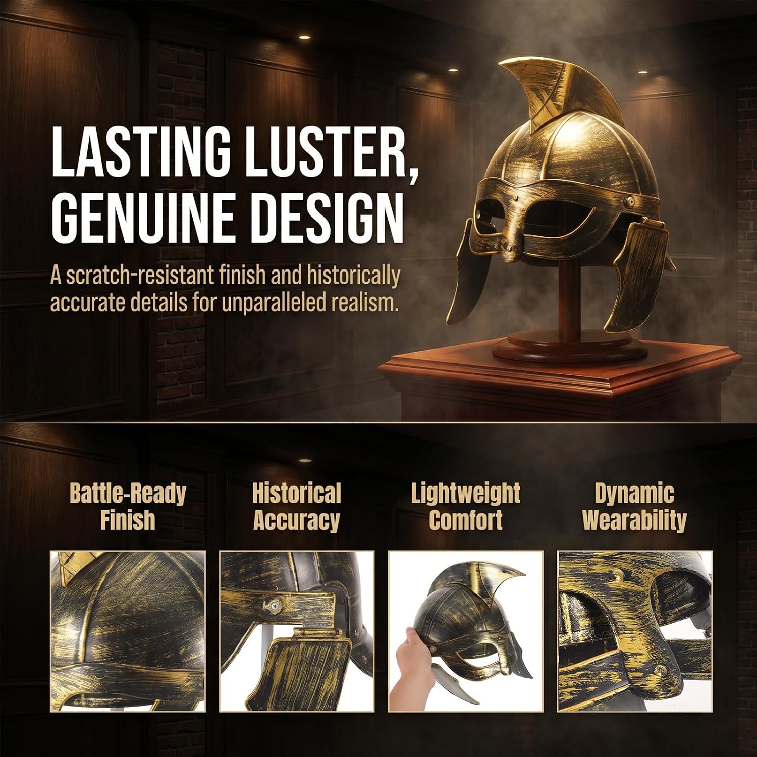 Outanaya Ancient Roman Warrior Helmet Costume for Adults, Lightweight Plastic Helmet with Authentic Historical Design and Lasting Shine, for Themed Parties and Theater Performance Golden