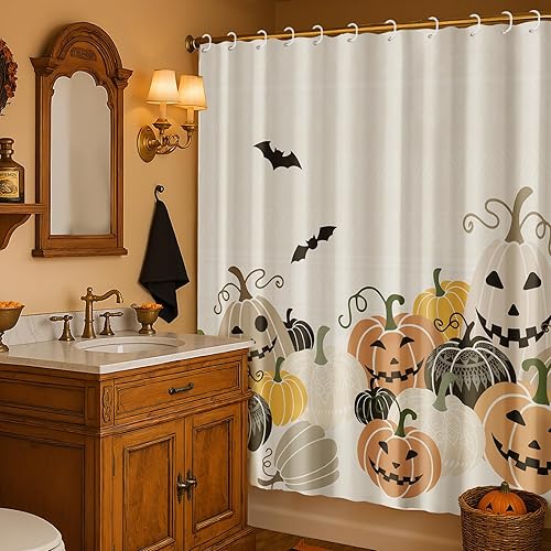Miniatura 2 de Juego de cortinas de ducha de Halloween, estilo bohemio, diseño de calabaza, diseño de murciélagos, terror, divertidas, bonitas, cortinas de baño