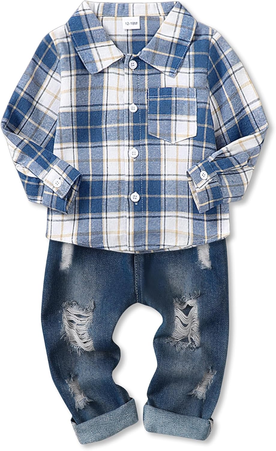 Coco&RARA Toddler Baby Boy Clothes Outfits Button Down Long Sleeve Plaid Shirt + Denim Pants 2PCS Fall Winter Clothing