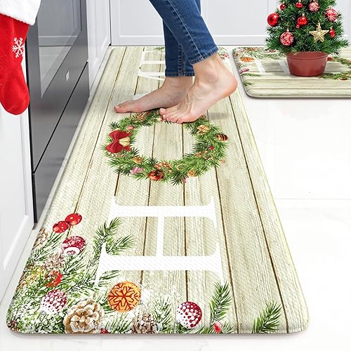 KIMODE Christmas Kitchen Mat 2PCS,Anti Fatigue Farmhouse Kitchen Rugs Non Slip,Waterproof Kitchen Floor Mat,Cushioned Comfort Standing Mat,Christmas Decorations for Home Kitchen
