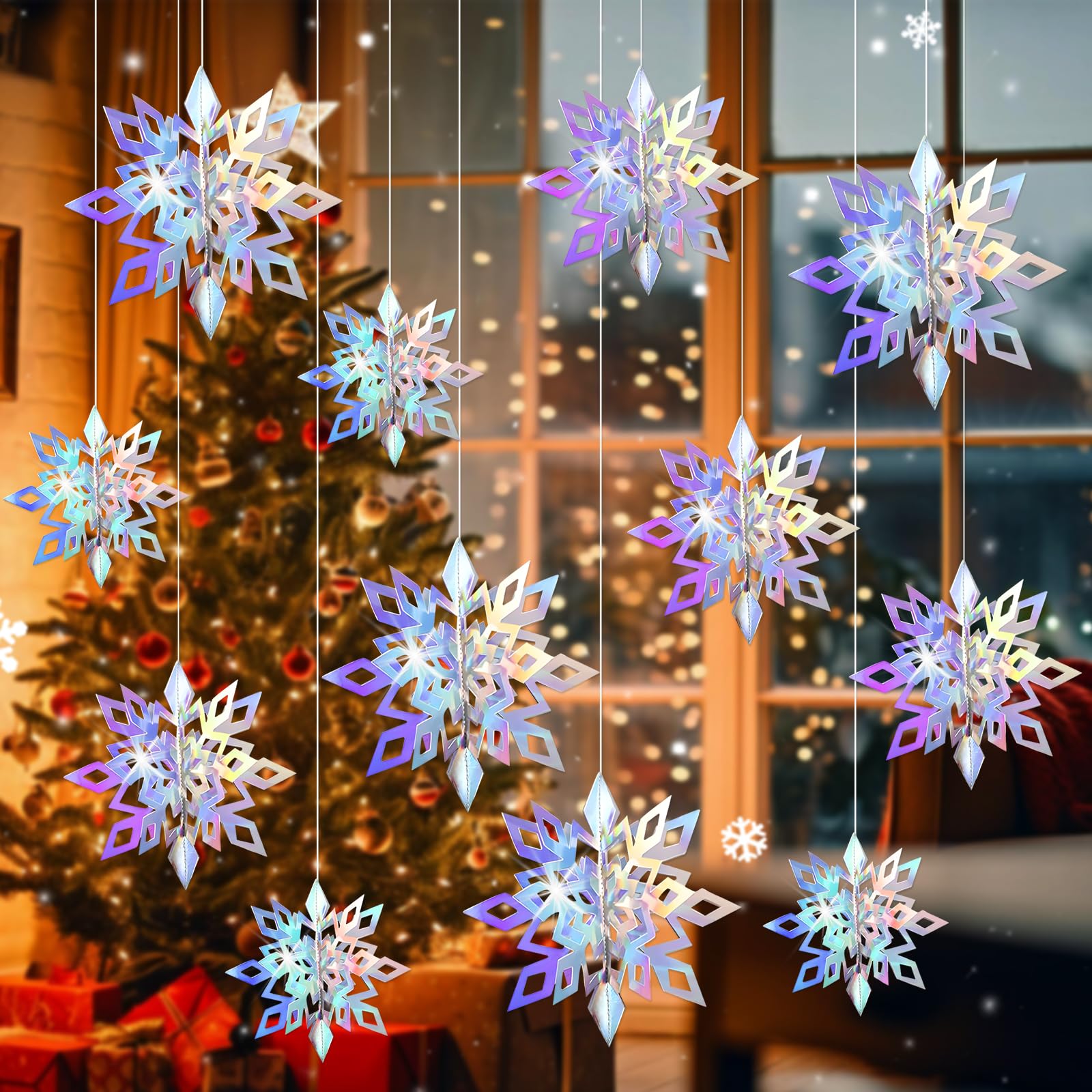 Fogcosy Silver 12Pcs Christmas Hanging Snowflake Decorations - 3 Different Sizes Of Sparkling Hanging Snowflake Decorations, Christmas 3D Pendant For Xmas New Year's Birthdays Winter Parties Home Decoration