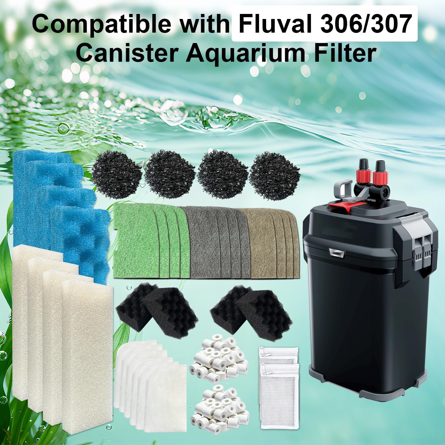 46-Pack Aquarium Maintenance Media Kits Replacement for Fluval 306/307 Performance Canister Filter, Includes Nitrite-Absorbing Filter Pad/Phosphate-Absorbing Filter Pad/Ammonia-Absorbing Pad