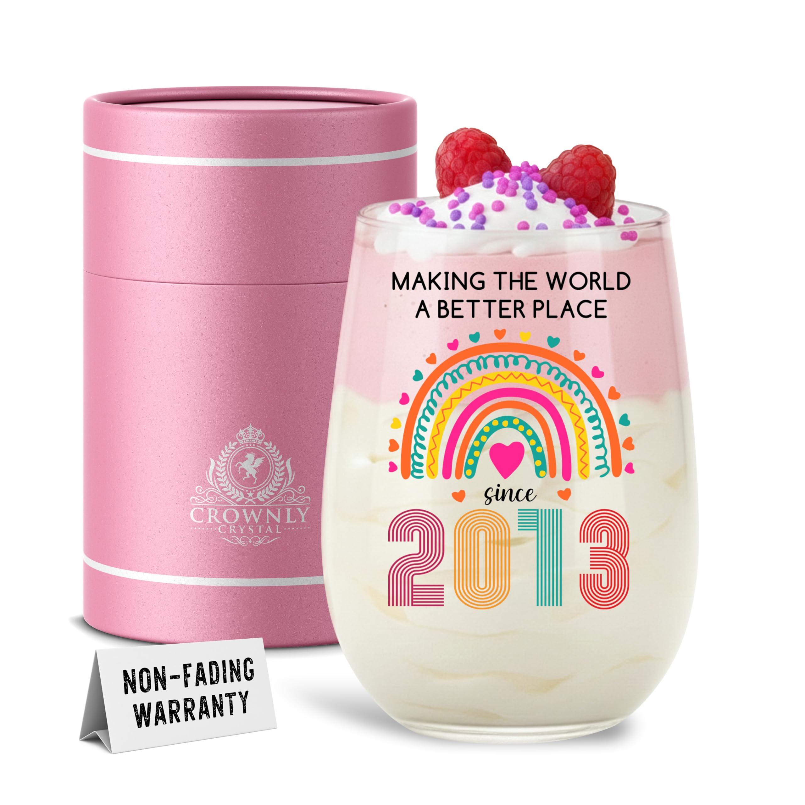 CROWNLY CRYSTAL 13th Birthday Gifts for Girls Born in 2013 Stemless Glass Making The World A Better Place Since 2013 - Personalised Gift for Daughter Niece Sister with Luxury Pink Gift Box 475ml