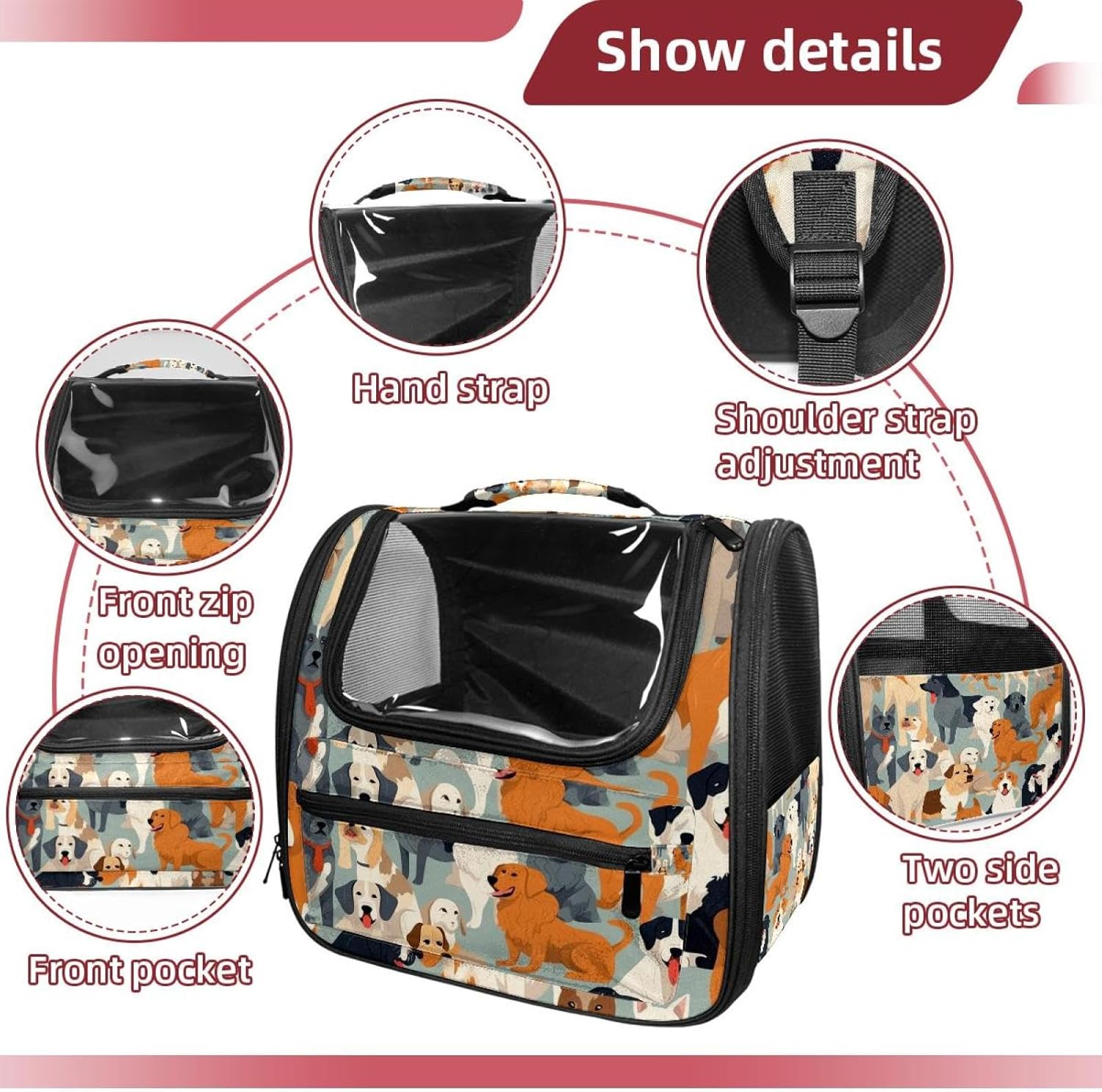 Portable Travel pet Backpack Carrier Hamster Bag Small Dog cat Carrier Breathable Hang Bag, Different Breeds of Dog