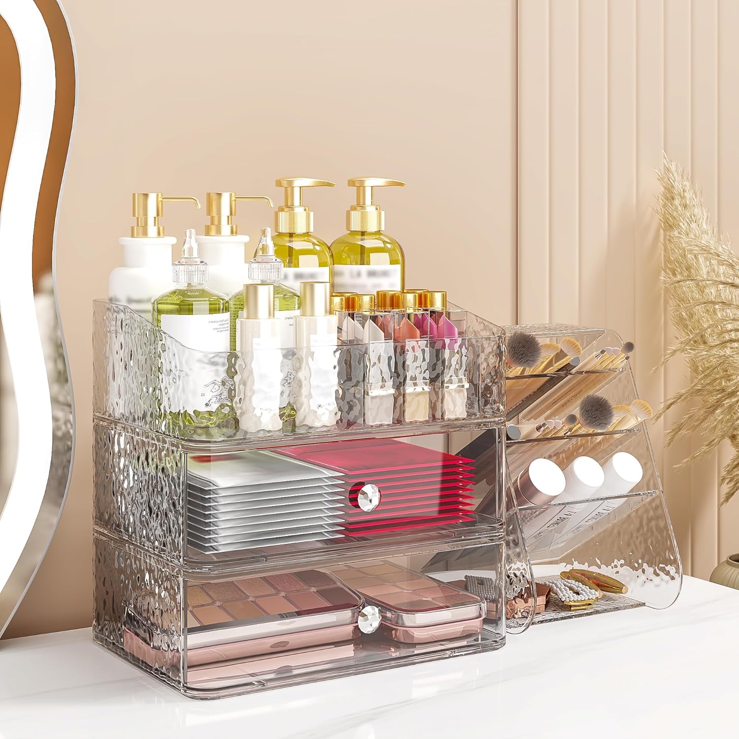 3 Tier Makeup Organizer for Vanity with Brush Holder Countertop Organizer with 2 Drawers Clear Makeup Storage for Brushes, Lipsticks, Face Mask Skin Care Storage Solution for Women & Teens