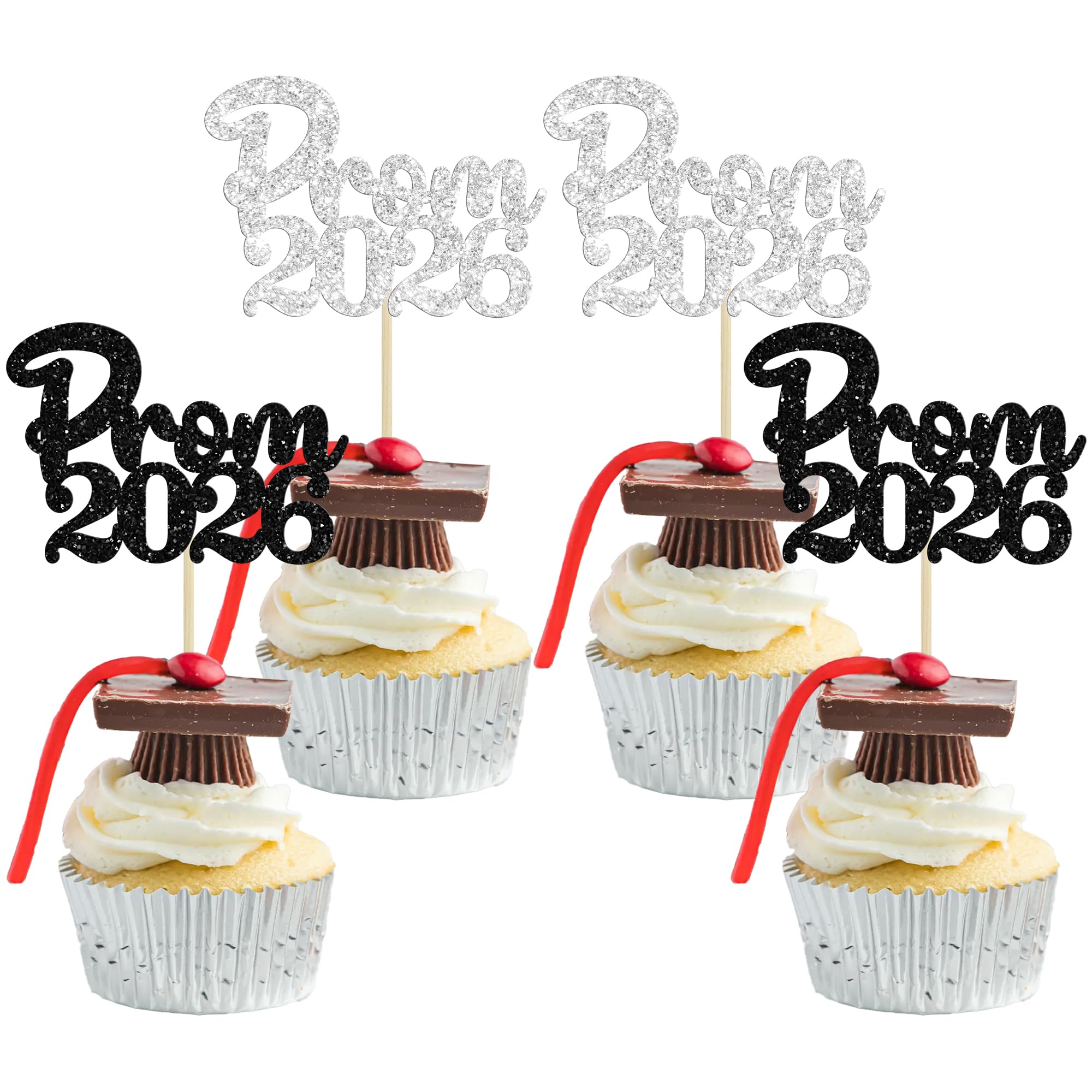 Photo 1 of Gyufise 24Pcs Prom Cupcake Toppers Glitter Prom 2026 Graduation Cupcake Picks Class of 2026 Cake Decoration for 2026 Graduation College Prom Party Decorations Black Silver