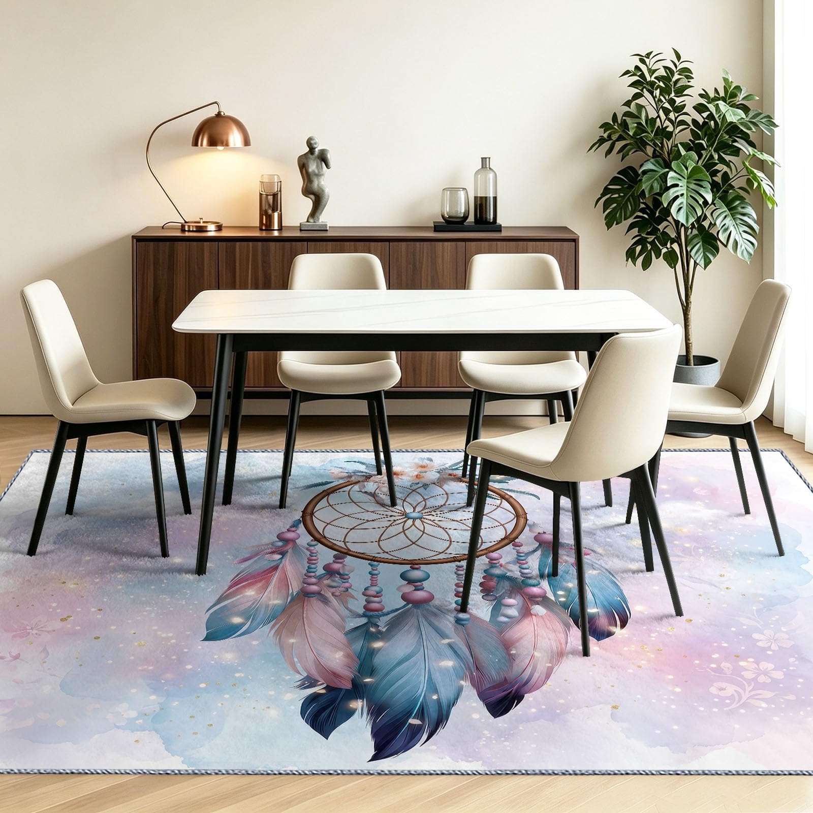 Generisch Teppich Wohnzimmer 120 x 180 cm Traumfänger Feder Kirschblüte Muster - Teppich für Wohnzimmer Küche Schlafzimmer Und Flur, Weich rutschfest Traumhaft Beruhigend Tepich Einfache Reinigung