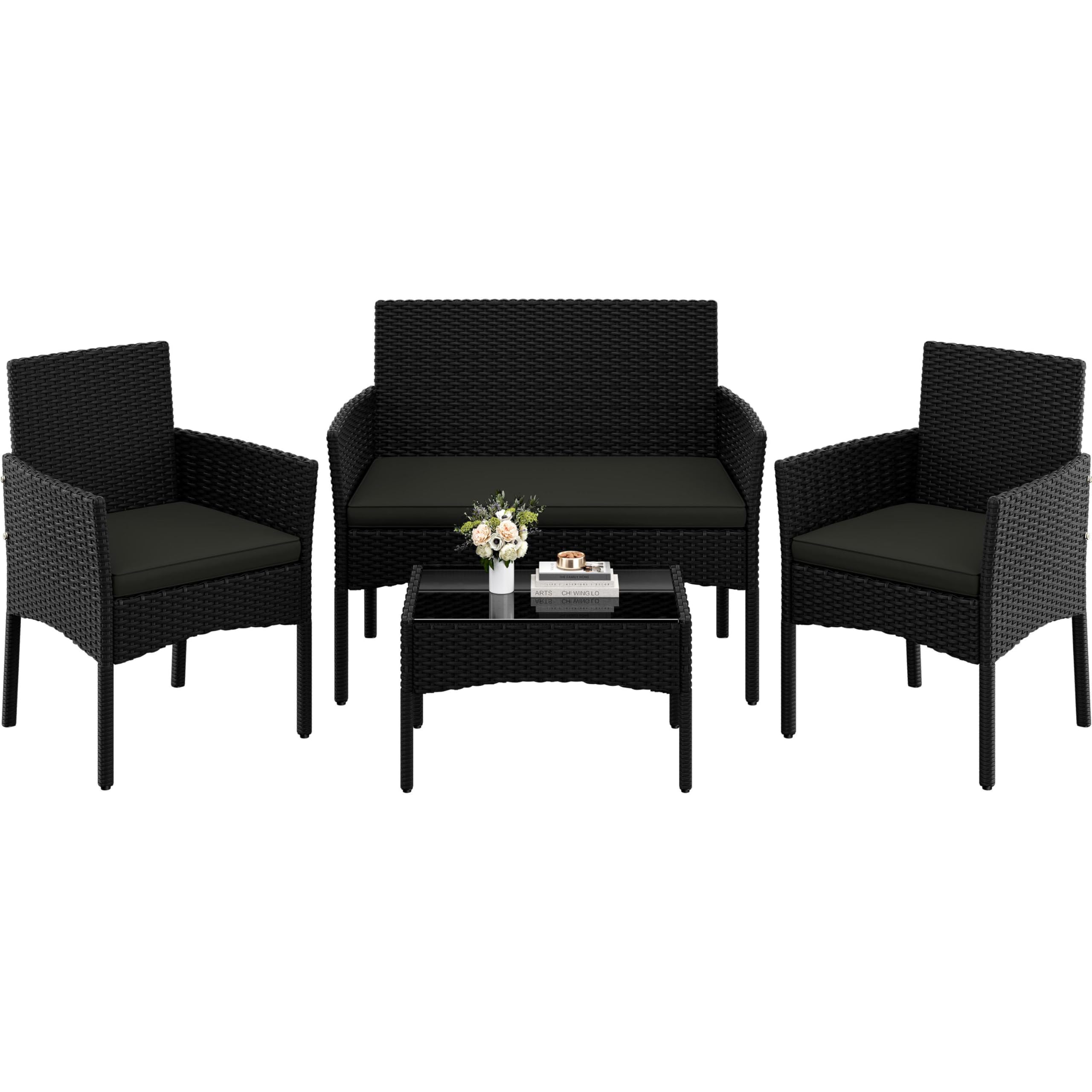 Yaheetech 4 Pieces Outdoor Patio Conversation Set, PE Rattan Wicker Sofa Set with Soft Cushion and Tempered Glass Table for Yard, Poolside, Garden (Black/Grey)