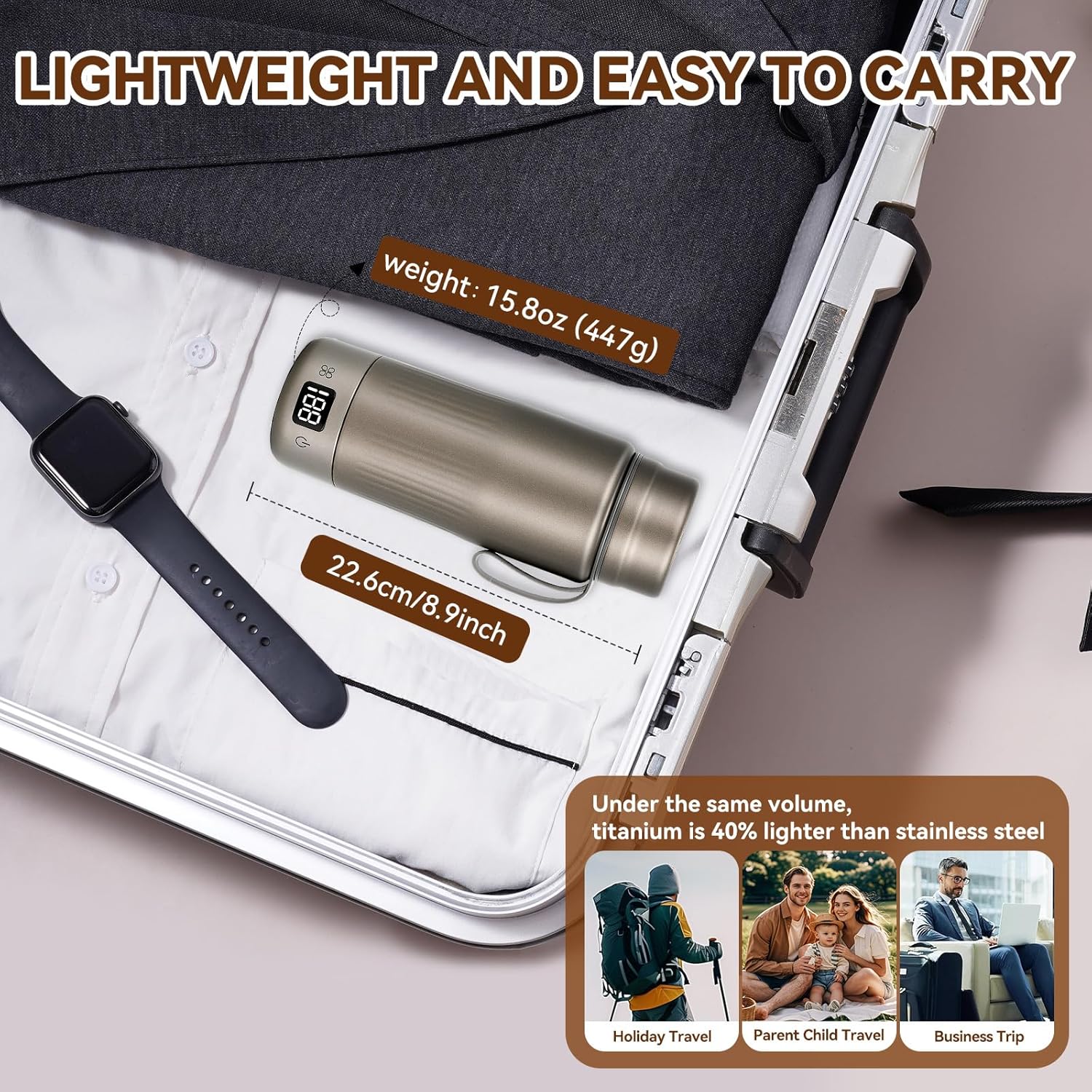 Pure Titanium Travel Kettle,Dual Voltage Portable Electric Kettle 110V-240V Smart Small Water Boiler for Tea & Coffee,12 Temperature Control,Auto Shut Off & Boil Dry Protection (Gray,380ML) - Image 9