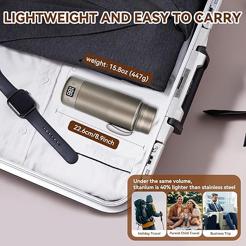 Miniatura 9 de Hervidor de viaje de titanio puro, hervidor eléctrico portátil de doble voltaje, 110 V-240 V, caldera de agua pequeña inteligente para té y café, 12