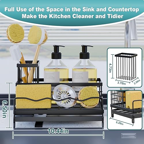 Miniatura 2 de Soporte de esponja grande para cocina, fregadero de cocina con soporte alto para cepillos y bandeja de drenaje rápido, boquilla giratoria de 360,