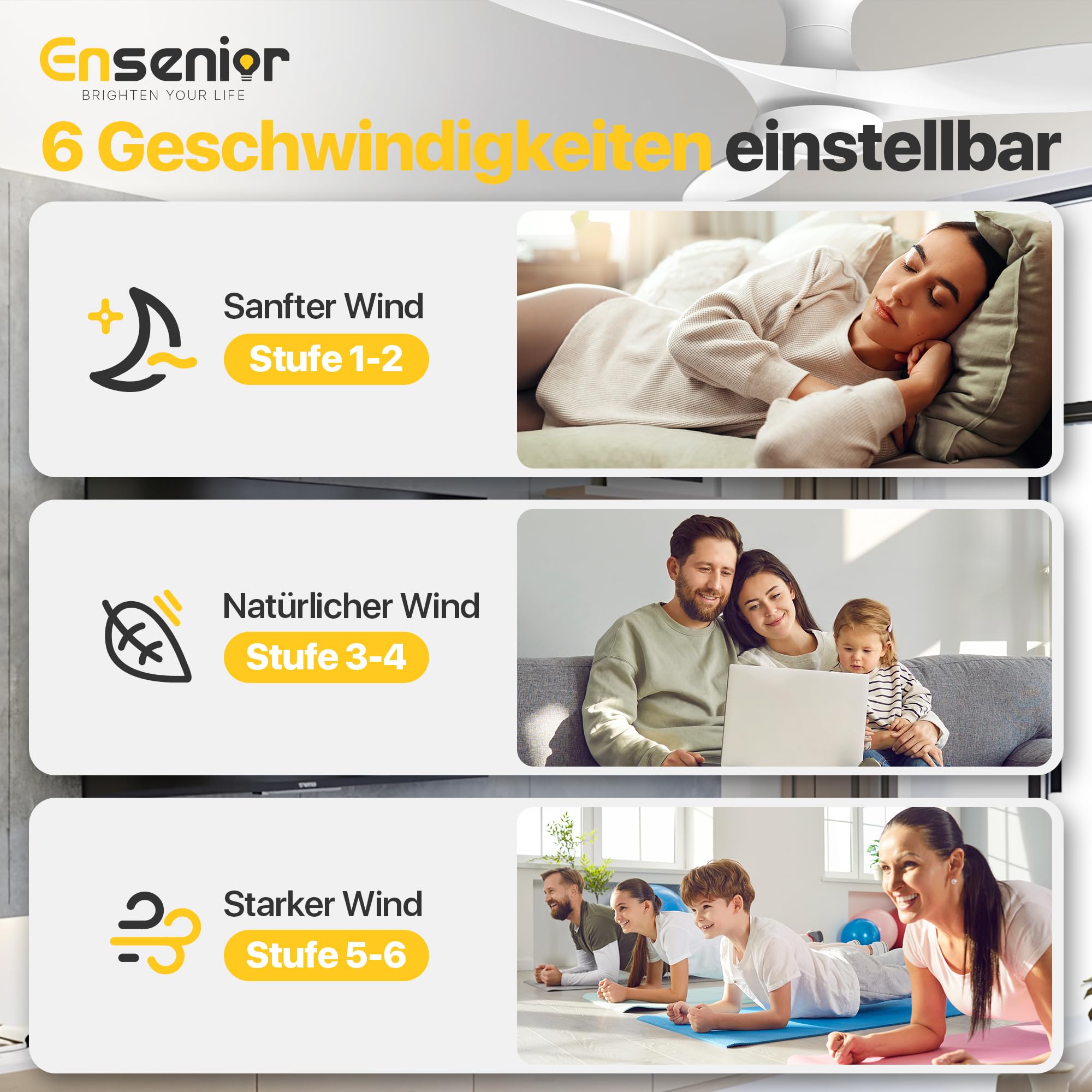 Ensenior Deckenventilator mit Beleuchtung 132cm, Leiser DC-Motor, 6 Geschwindigkeiten & 3 Lichtfarben, Deckenlampe mit Ventilator Fernbedienung für Schlafzimmer Wohnzimmer - Weiß