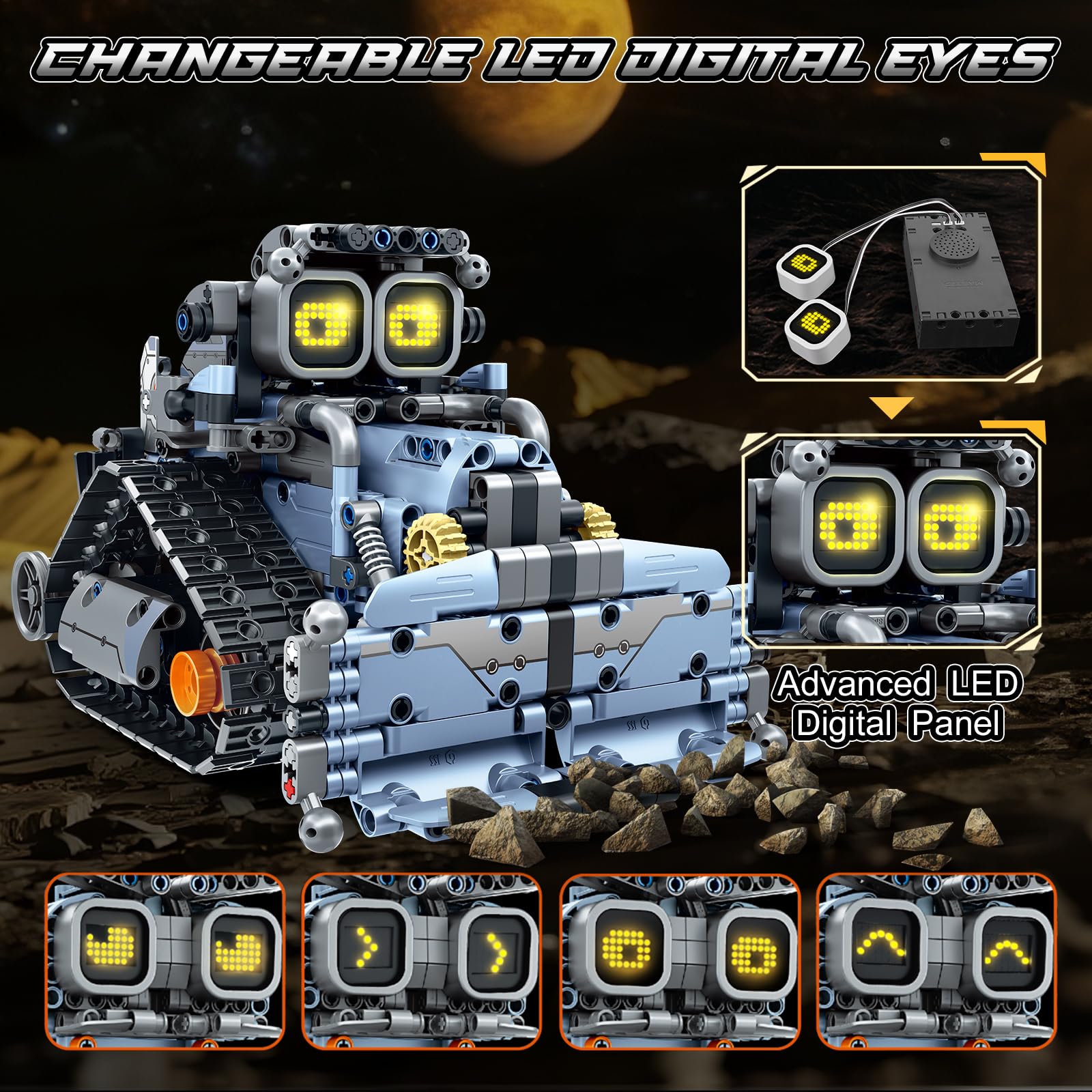 HiWEEGO Technik Roboter Bausatz für Kinder mit LED Augen, 5-in-1 App Fernbedienung Roboticset Baustein RC Bulldozer/Panzer/Engineering Spielzeug Geschenk für Jungen Mädchen Teens 8+ Jahre (699 Stück)