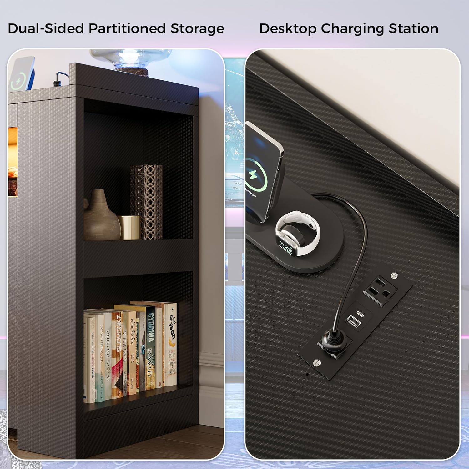 IRONCK TV Stand for TVs Up to 70" with Charging Station, LED Entertainment Center, Modern Carbon Fiber Media Console with Adjustable Glass Shelves & 2 Doors, Organize Your Gaming & Living Room, Black - Image 7