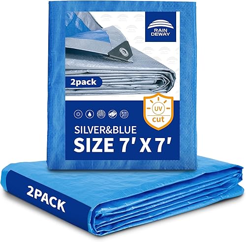 Lonas de 7 x 7 pies (paquete de 2)  5.5 mil, cubierta de lona de polietileno impermeable multiusos con ojales de metal y bordes reforzados, lona