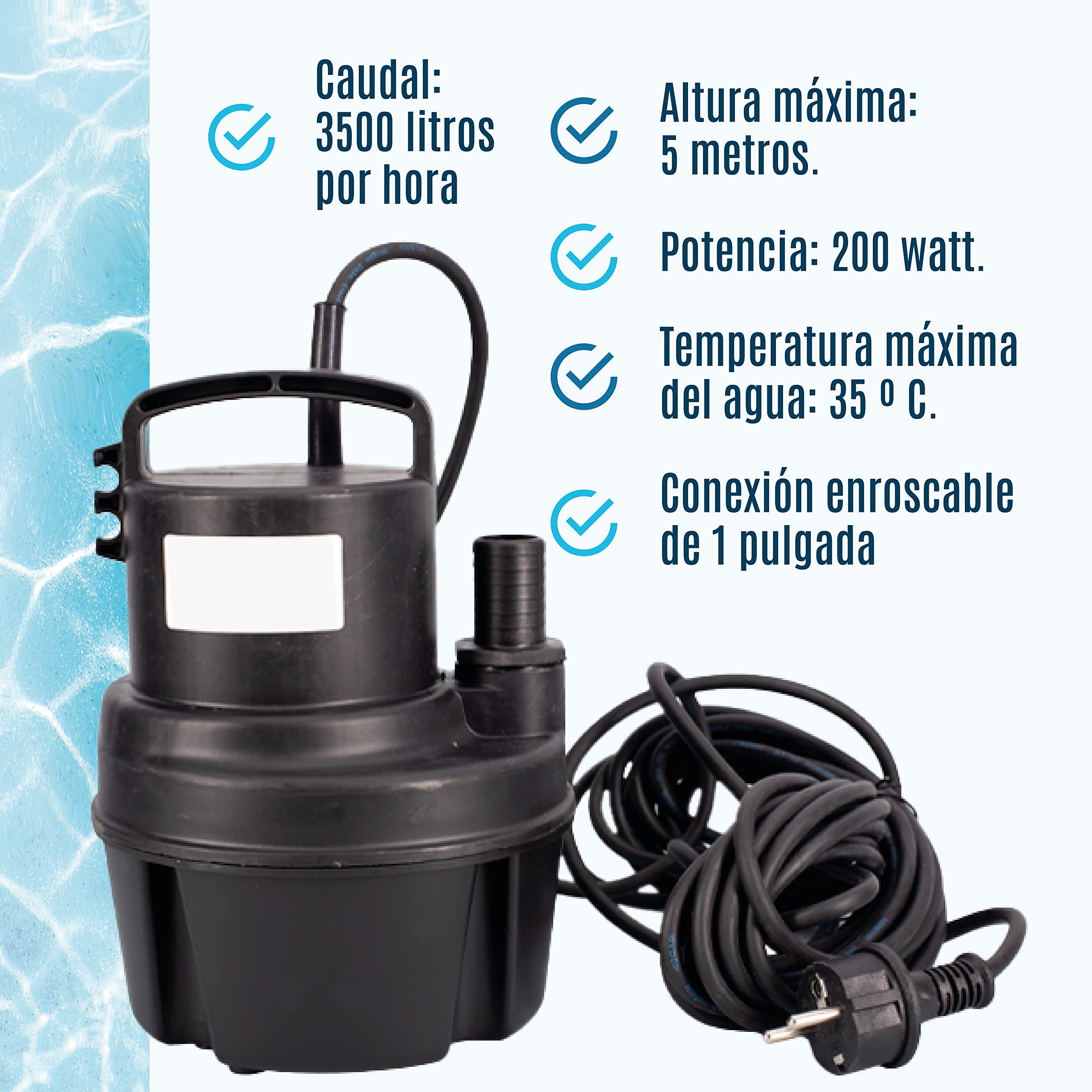 EUROGROW - Bomba de Agua Sumergible 200W. Bomba de Achique 230V. Capacidad Máxima de Bombeo 3500 Litros Hora. Altura máxima elevación 5 metros. Bomba de Agua Sumergible para Pozo.