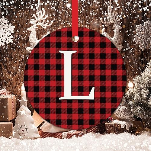 Miniatura 6 de Adornos personalizados con monograma de letra L, adornos de búfalo rojo y negro, decoración de árbol de Navidad, letra del alfabeto, recuerdo