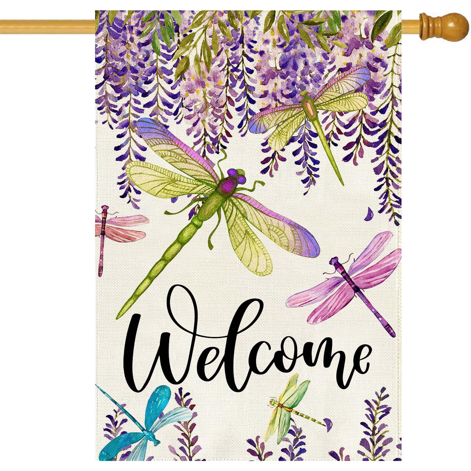 Baccessor Spring Summer Flower House Flag Wisteria Dragonfly Floral Welcome House Flag Burlap Double Sided Vertical Seasonal Farmhouse Wedding Yard Outdoor Decoration 28 x 40 Inch (Large)