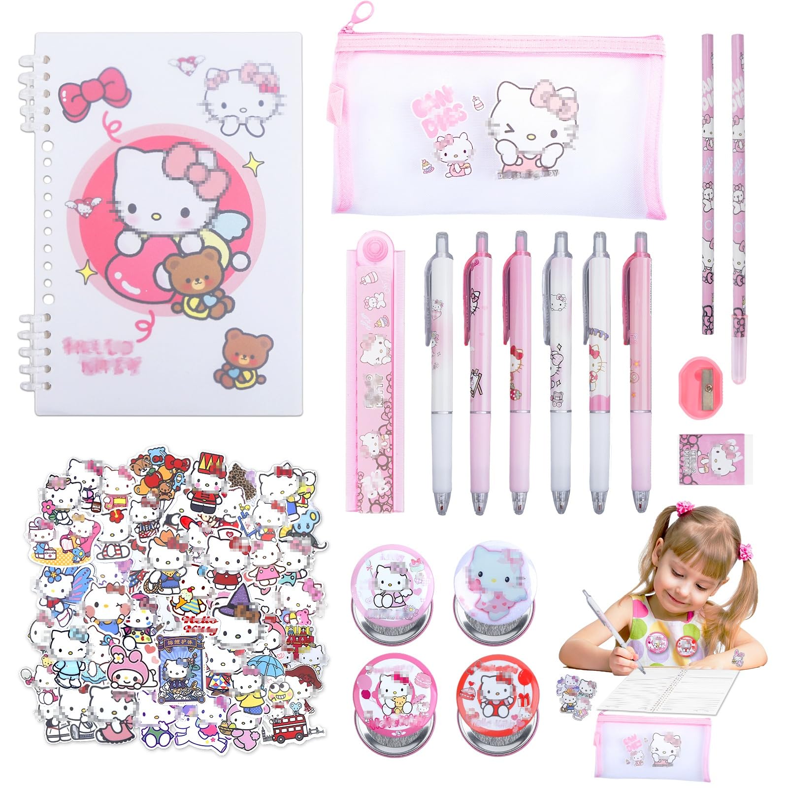 Cartoon School Supplies Stationery Girls- Kawaii Cute Stationary Set Including Pencil Case Pens Eraser Notebook Bookmarks Badge Stickers Keychain School Stationery Supplies School Christmas Kids Gift