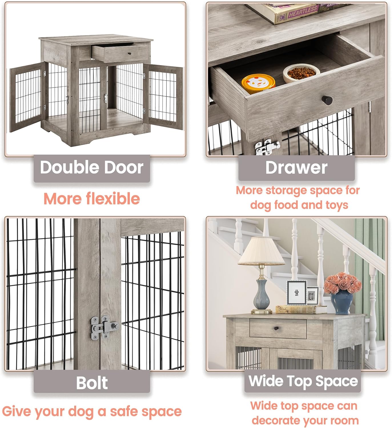 Okak Furniture Style Dog KennelGrey, 29.92"L Indoors & Outdoor For Medium/Large Dogs With Double Sliding Iron Doors, Wooden & Iron Materials & Drawer Storage Space