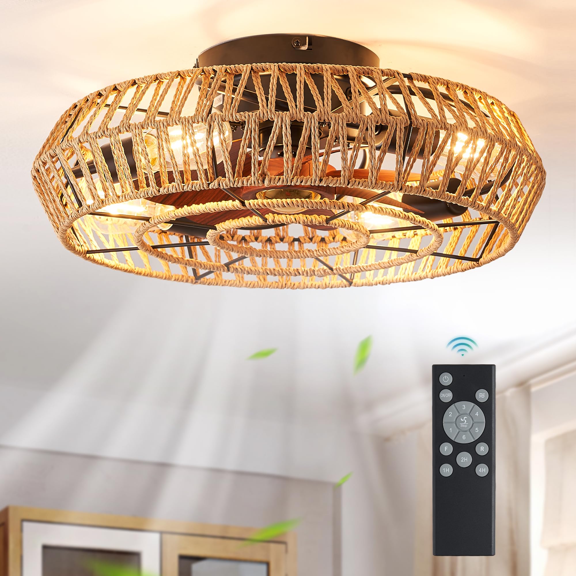 LEDIARY 20in Boho Ceiling Fans With Lights And Remote, Rattan Caged Ceiling Fan, Farmhouse Bamboo Flush Mount Ceiling Fan For Bedroom, Living Room, Kitchen(6 Speed, Timing, No Beep)