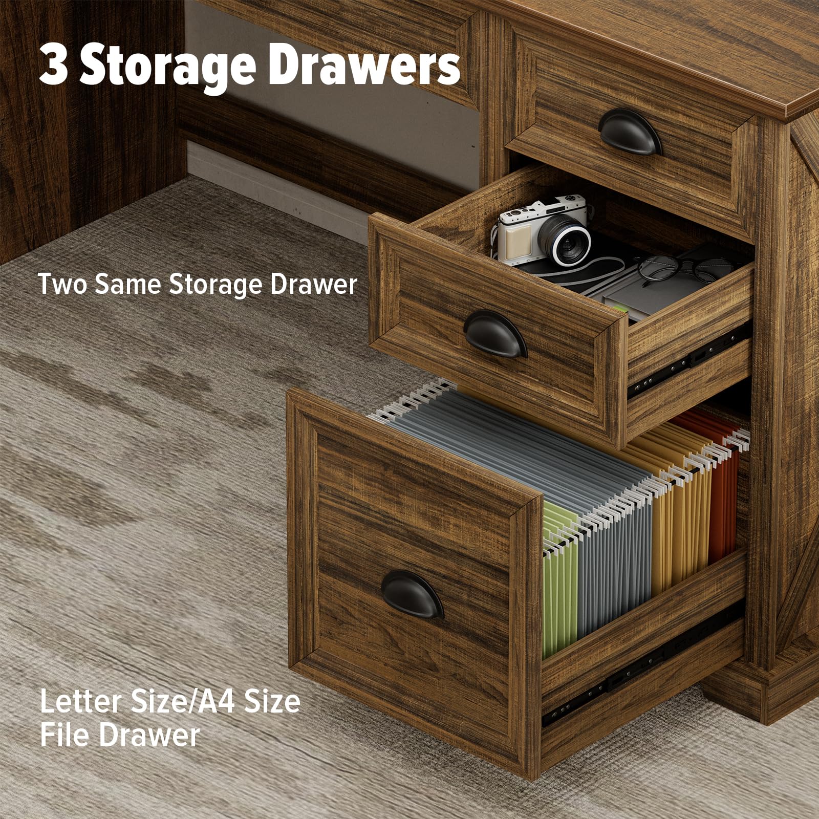 Lareth Computer Desk with Monitor Stand, Farmhouse Home Office Desk with LED Lights Power Outlets, 47 inch Wooden Workstation with Storage File Cabinet for Gaming Studying Working, Walnut: Natural