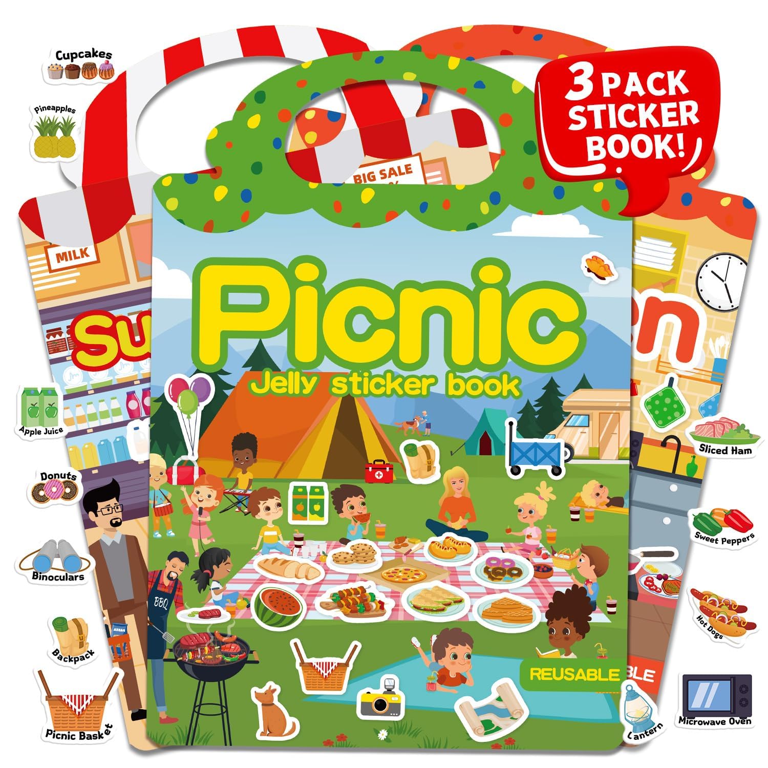 3 Sets Reusable Sticker Book for Toddlers 3-6, Jelly Sticker Books for Toddler, Travel Sticker Activity Toys for Kids 3 4 5 6 Years Old Girls &amp; Boys（Supermarket + Picnic + Kitchen）