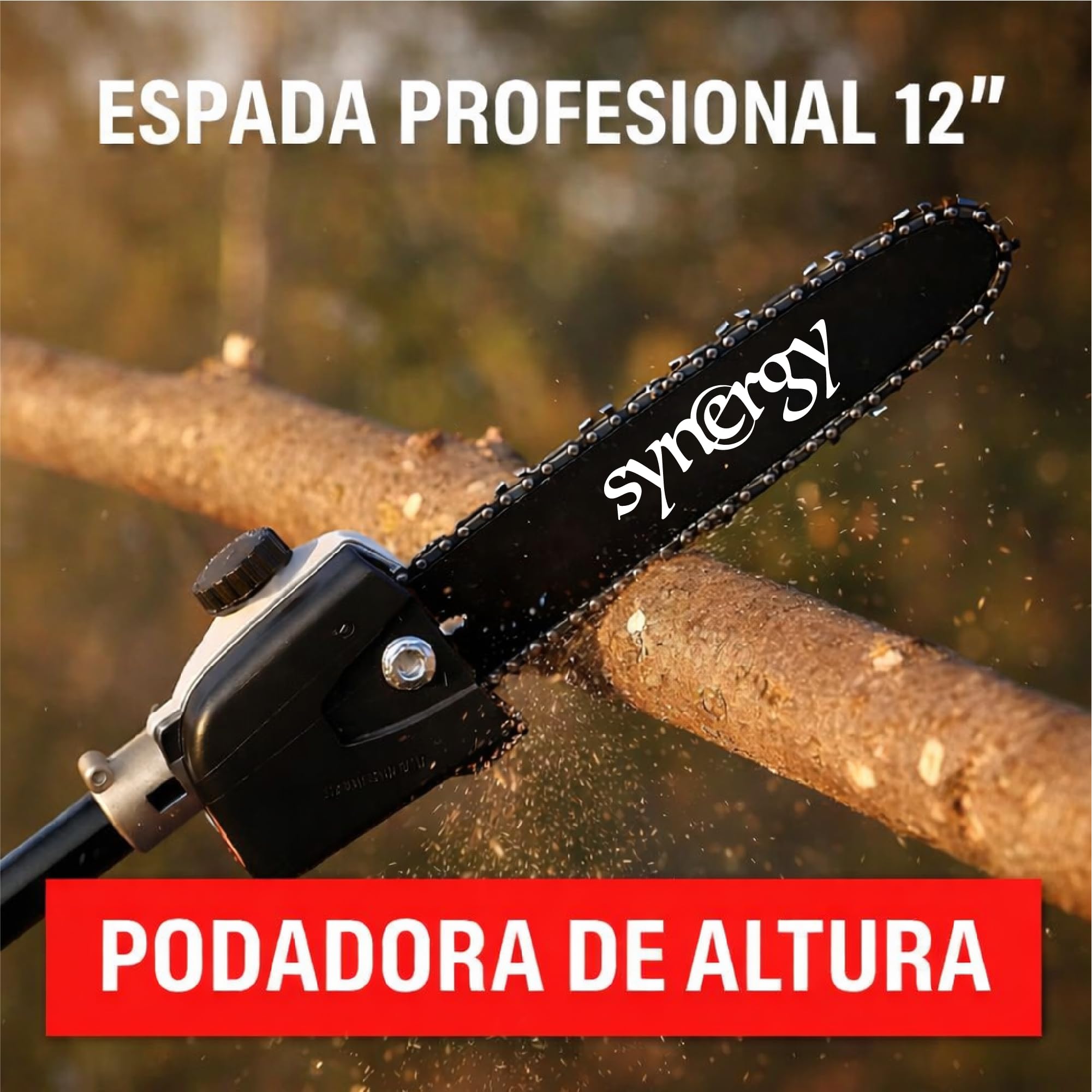 Synergy Podadora de Altura Gasolina 65CC 4,9CV – Espada 25cm, Arranque Easy Cut, Transmisión Reforzada de 26mm, Cinturón de Soporte y Accesorios Incluidos