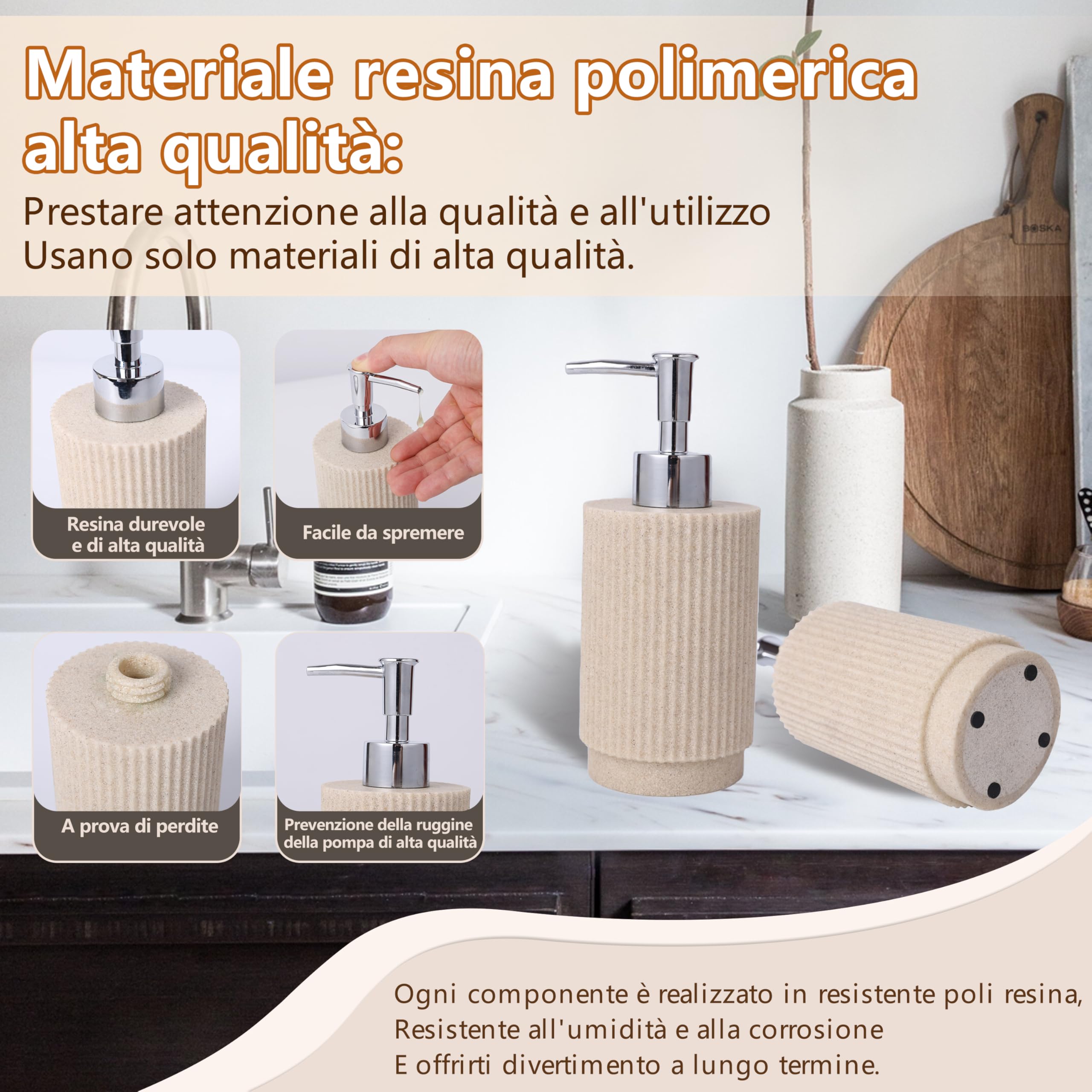 Set Bagno 6 Pezzi – Dispensatore Sapone + Set Bicchiere Dentifricio con Vassoio & Porta Cotton Fioc – Design Righe (Beige), Resina Premium – Include Portaspazzolini & Organizzatore