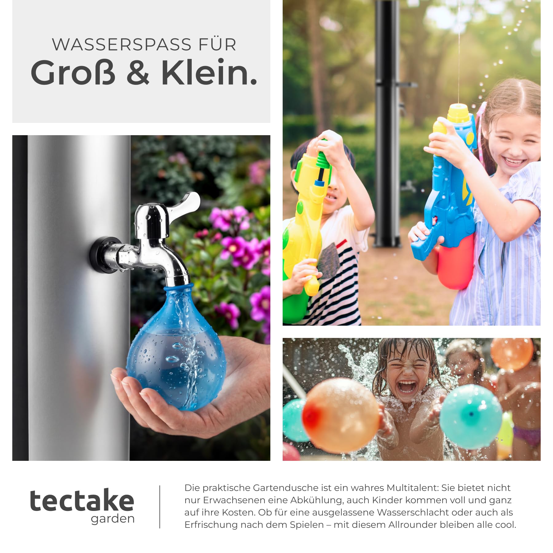 TecTake® Solardusche, 40 l, bis 60° C warmes Wasser, drehbarer Regenduschkopf, Gartenschlauch-Anschluss, Solar Dusche, Solar Duschen, Garten Solardusche, Camping Solardusche, schwarz/Silber