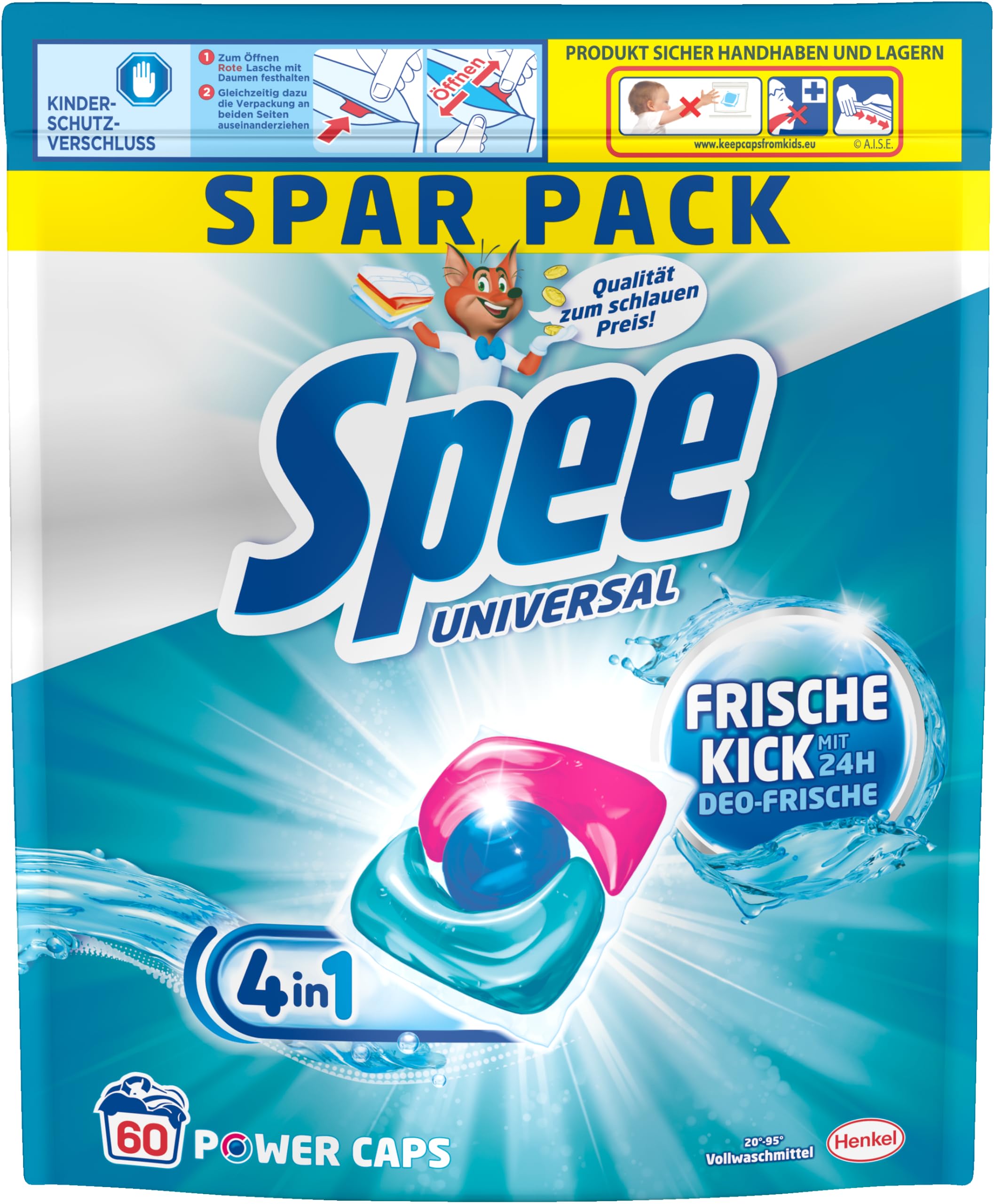 SPEE Power Caps Frische-Kick 24 h Deofrische Spar Pack (120 Waschladungen), Vollwaschmittel verleiht Reinheit, Strahlkraft & Frische, Waschmittel mit 24 h Deofrische, 20–95 °C