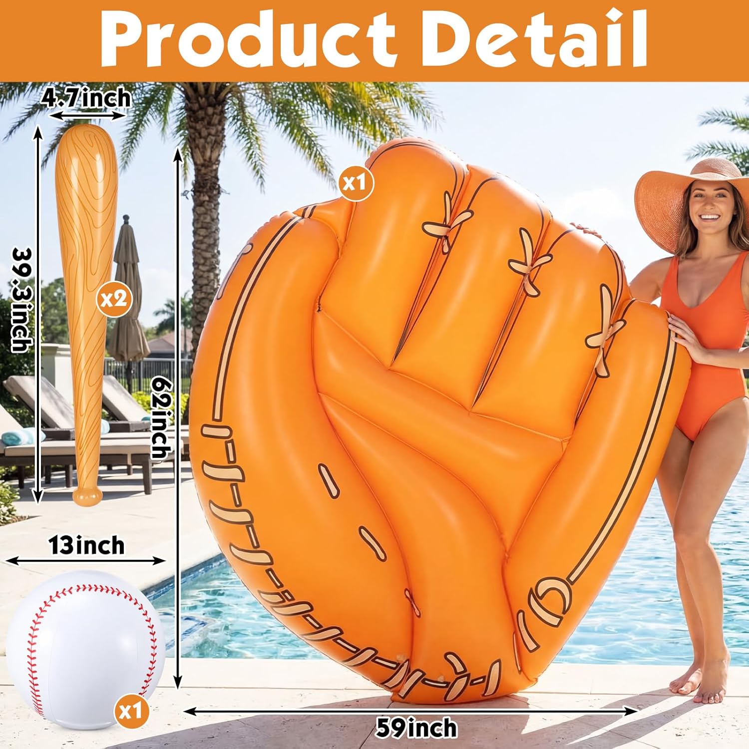 4 Pcs Giant Inflatable Baseball Glove Pool Floats with Jumbo Inflatable Baseball Bats 31.5 Inch and Beach Ball 16 Inch for Themed Birthday Sports Party Decorations Favors Funny Pool Ball