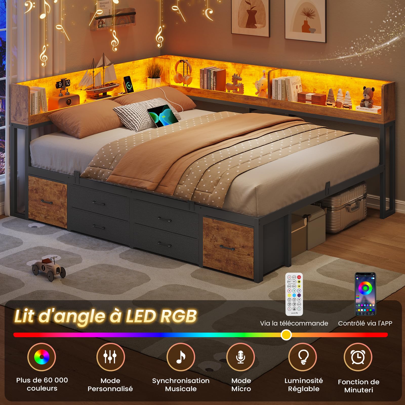 AOGLLATI Canapé Lit avec Dossier Réversible, Éclairage LED et Multiprise, Lit 140x190 avec Sommier en Métal, 3 Niches Ouvertes et 4 Tiroirs sous Sommier 140x190, Canapé Convertible Marron Vintage