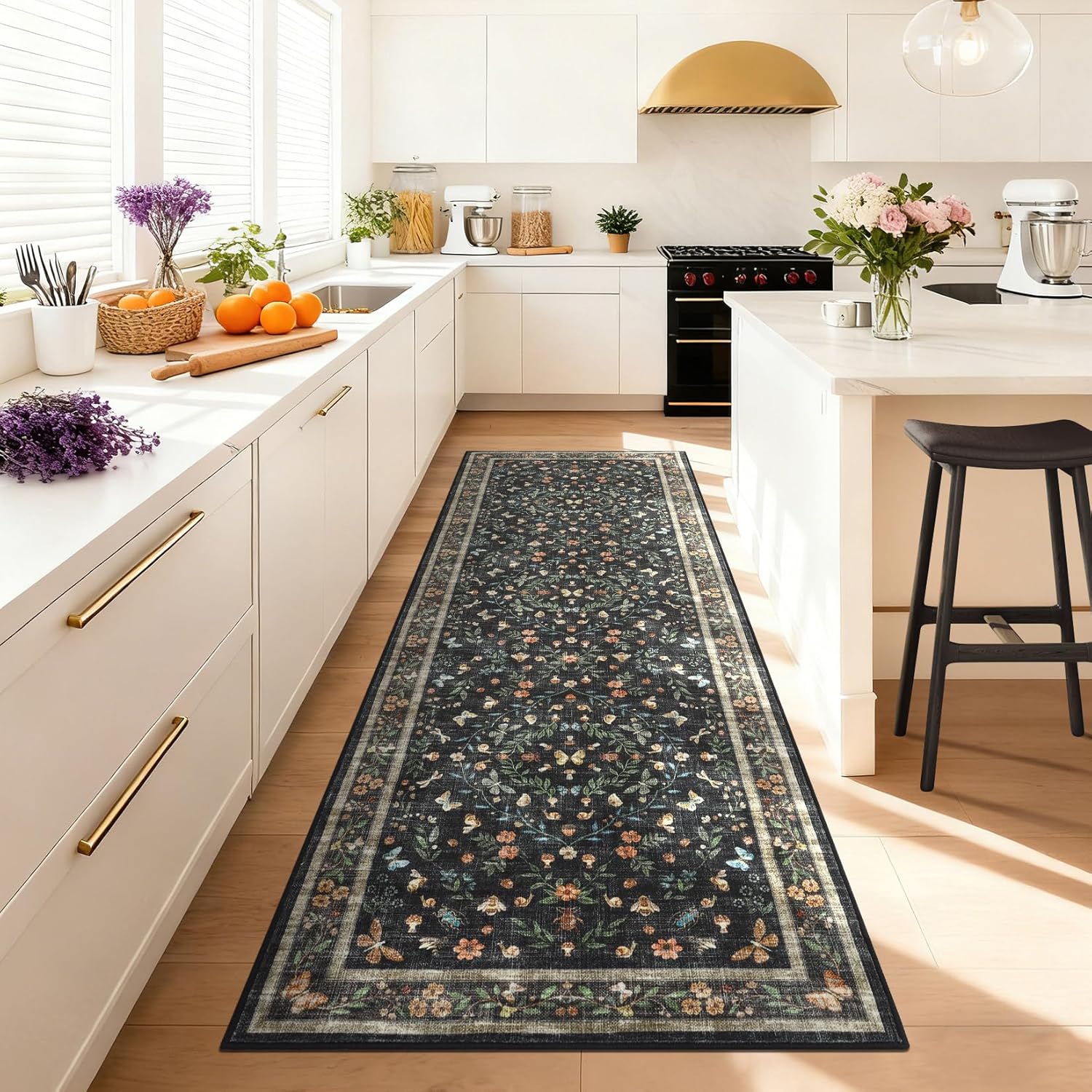 GarveeHome 2x8 Insect Print Floral Runner Rugs for Hallway Entryway Kitchen Floor Vintage Non Slip Soft Low Pile Carpet Under Bedroom Foldable Stain Resistant Rug for Living Room, Black Brown
