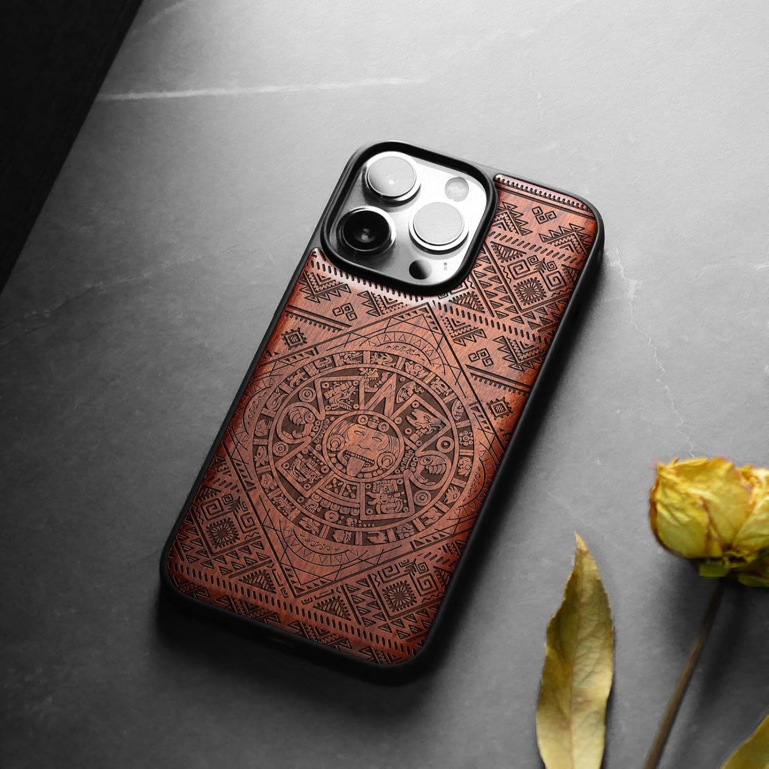 Carveit Magnetic Wood Case for iPhone 14 Pro Case [Natural Wood & Black Soft TPU] Unique & Classy Wooden Shockproof Protective Cover Compatible with magsafe (Aztec Calendar -Rosy)