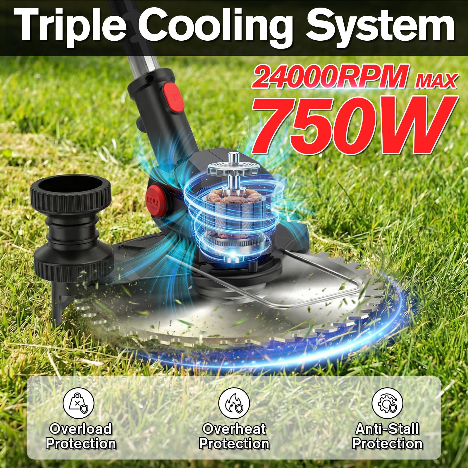 Cordless Strimmer with 2x2.0Ah Batteries, 750W Grass Trimmer and Cordless Brush Cutter with Wheels, 24000RPM Electric Weed Trimmer with Metal Blades, Lightweight Telescopic Strimmer — view 2