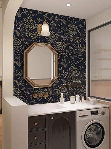 Miniatura 3 de Heroad Papel tapiz autoadhesivo para despegar y pegar, papel de contacto azul oscuro, diseño floral dorado, moderno, bohemio, extraíble, para