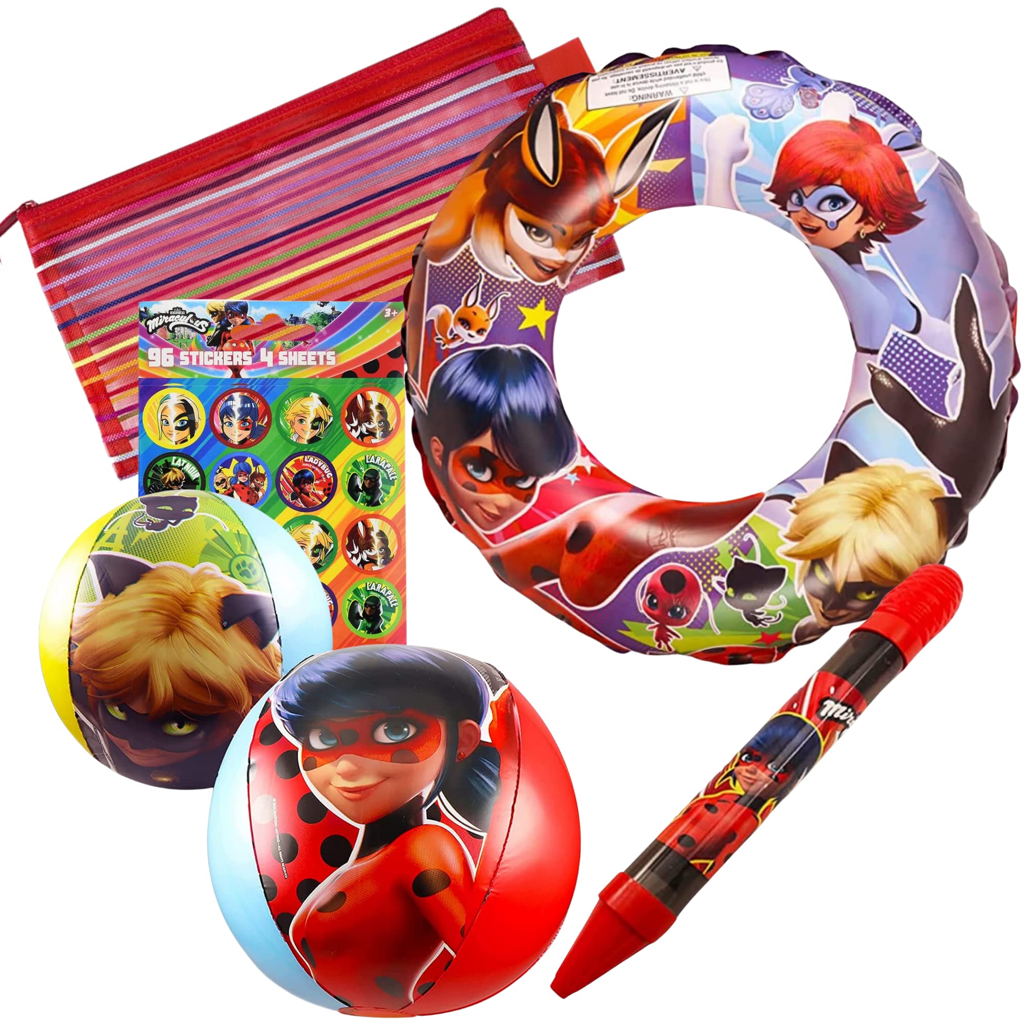 Luti Miraculous Ladybug Pool Toys Set - 5 Pc Miraculous Ladybug Beach Bundle with Miraculous Ladybug Beach Ball, Swim Ring, Water Blaster, Stickers and Zipper Bag