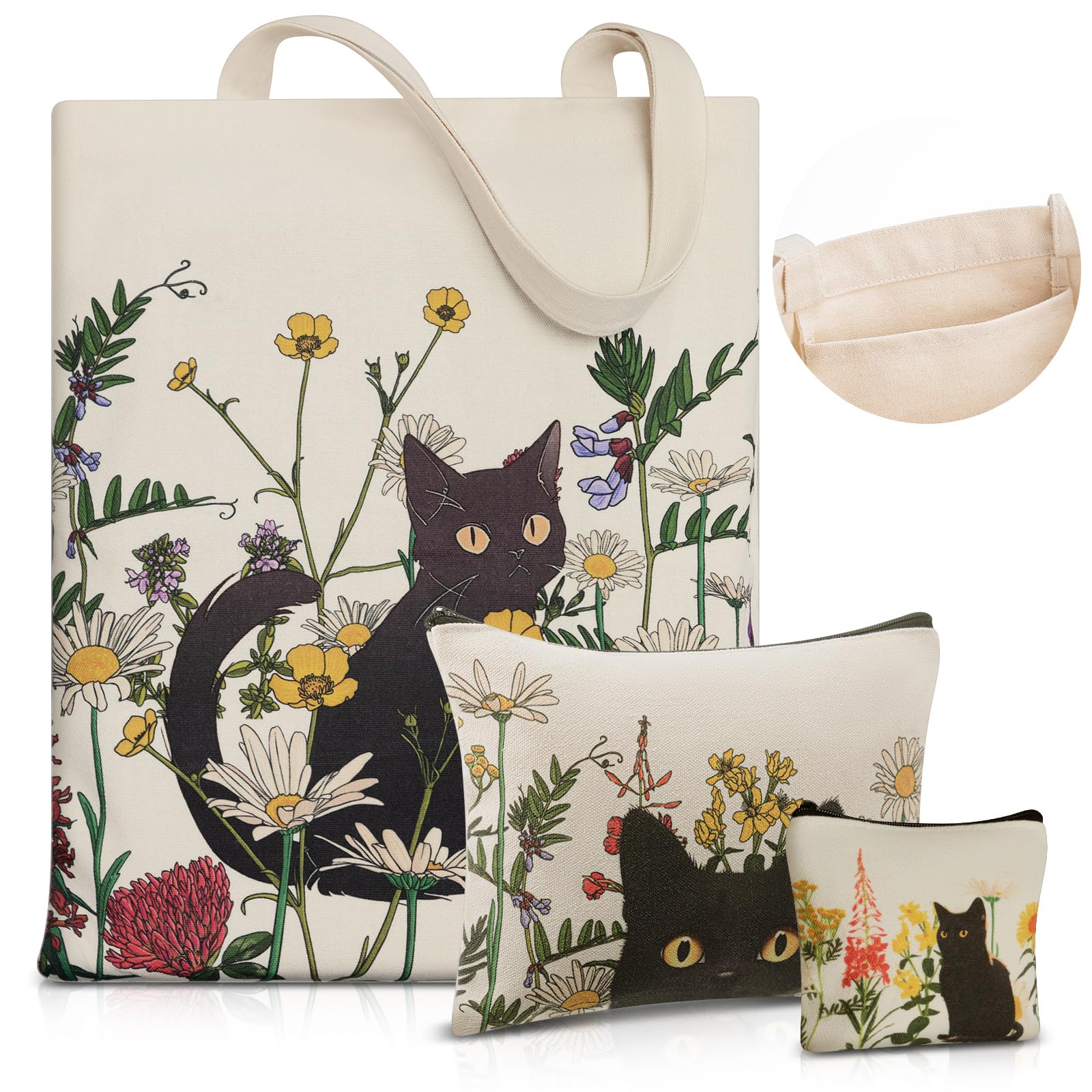 Shinylin 3 Pcs Black Cat Canvas Tote Bag Makeup Coin Purse Set with Zipper Gift Reusable Grocery Shopping Vintage Flowers Cute Cosmetic Bag Aesthetic